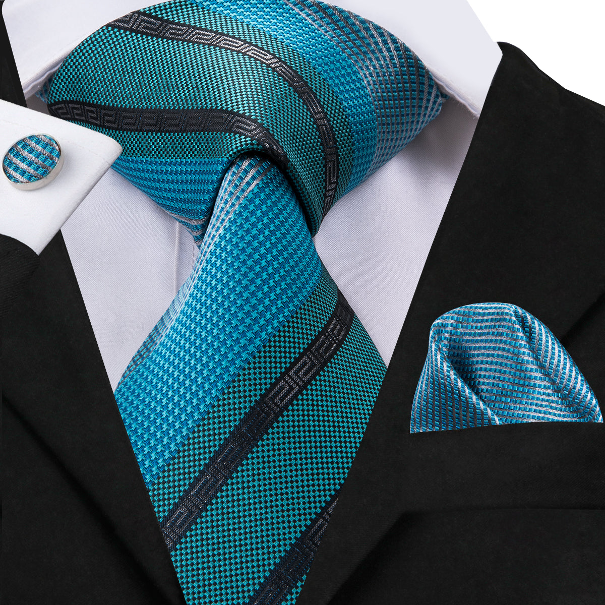 Turquoise Cerulean Obsidian Striped Silk Tie