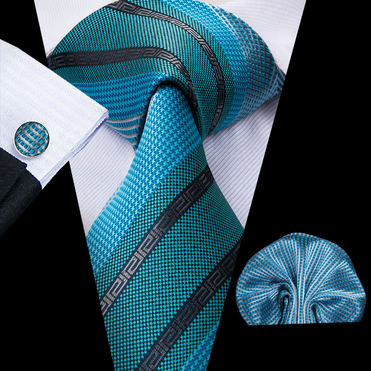 Turquoise Cerulean Obsidian Striped Silk Tie