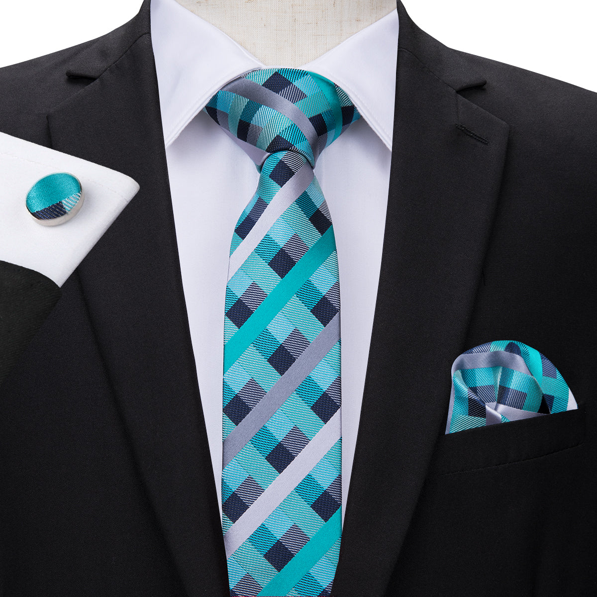 Turquoise Steel Plaid Silk Tie