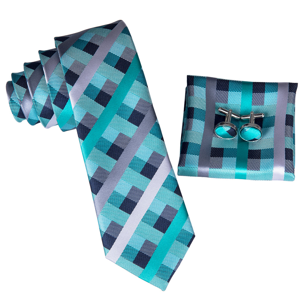 Turquoise Steel Plaid Silk Tie