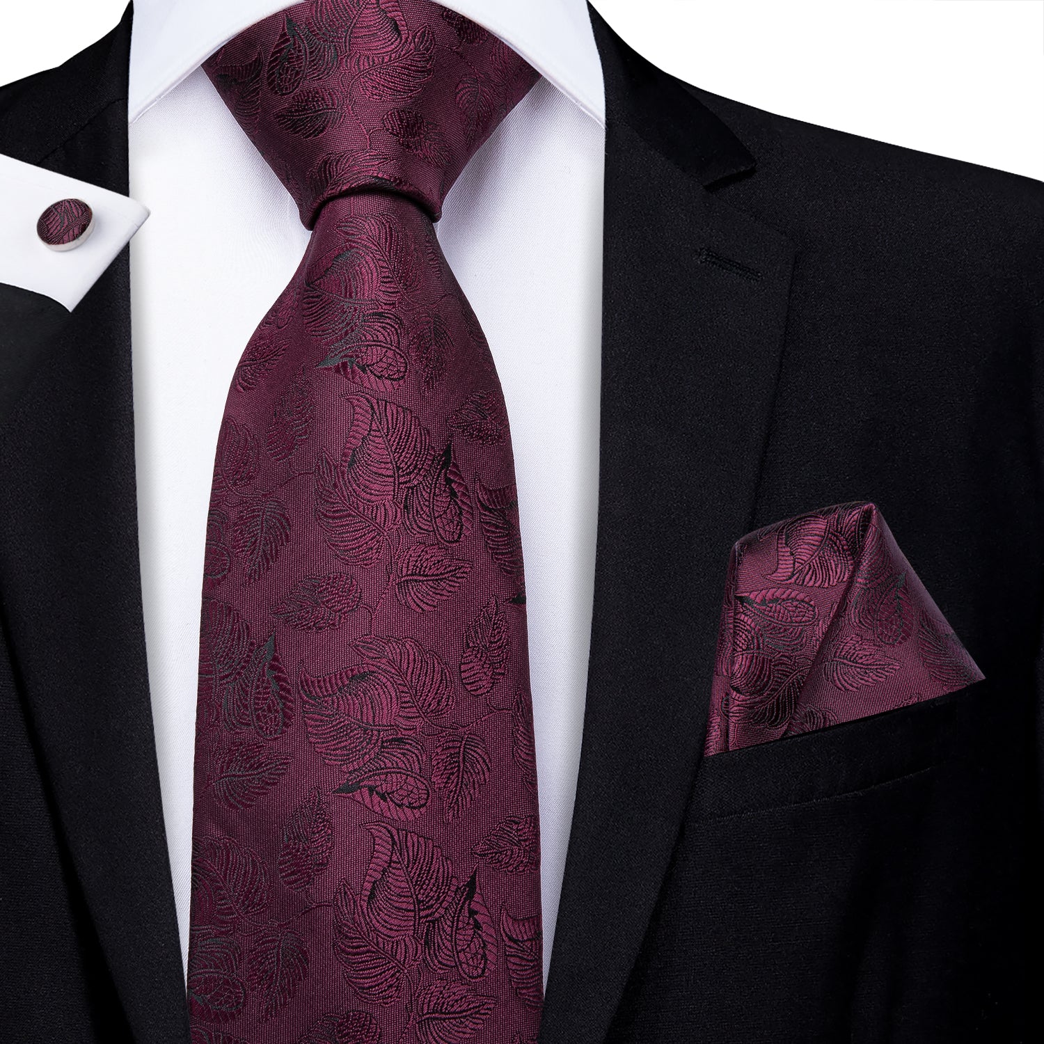 Solid Midnight Ruby Leaves Silk Tie