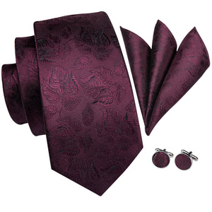 Solid Midnight Ruby Leaves Silk Tie