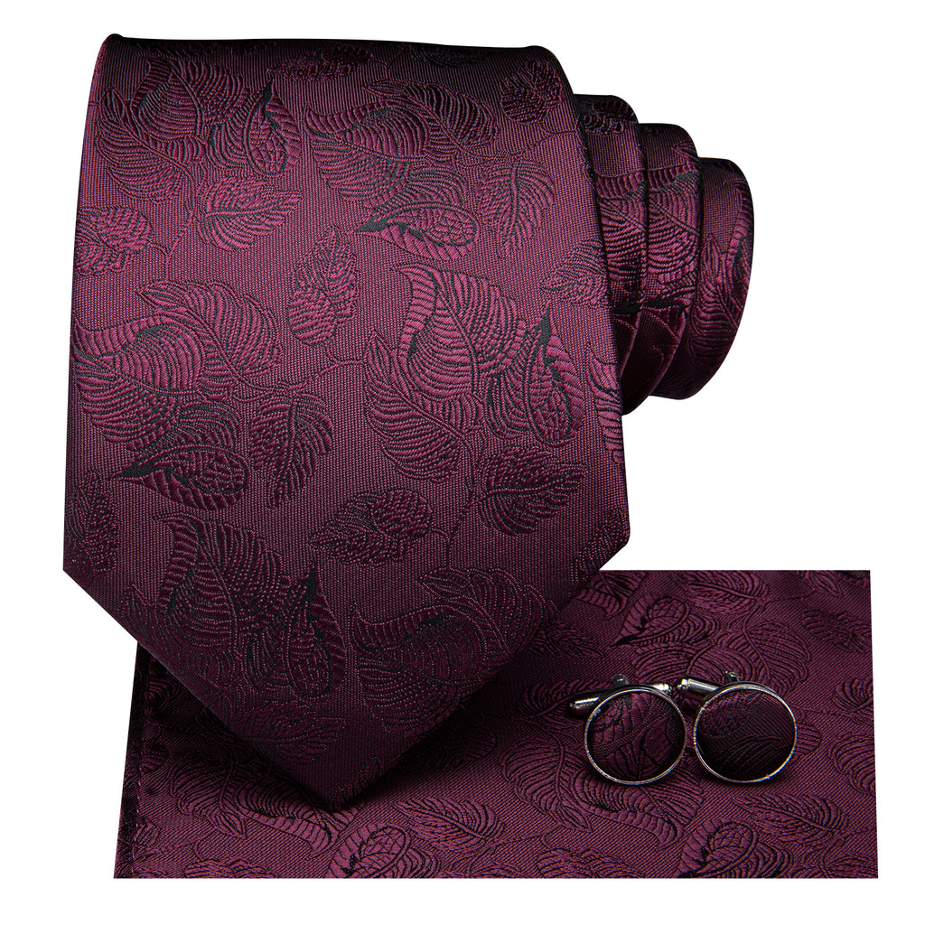 Solid Midnight Ruby Leaves Silk Tie