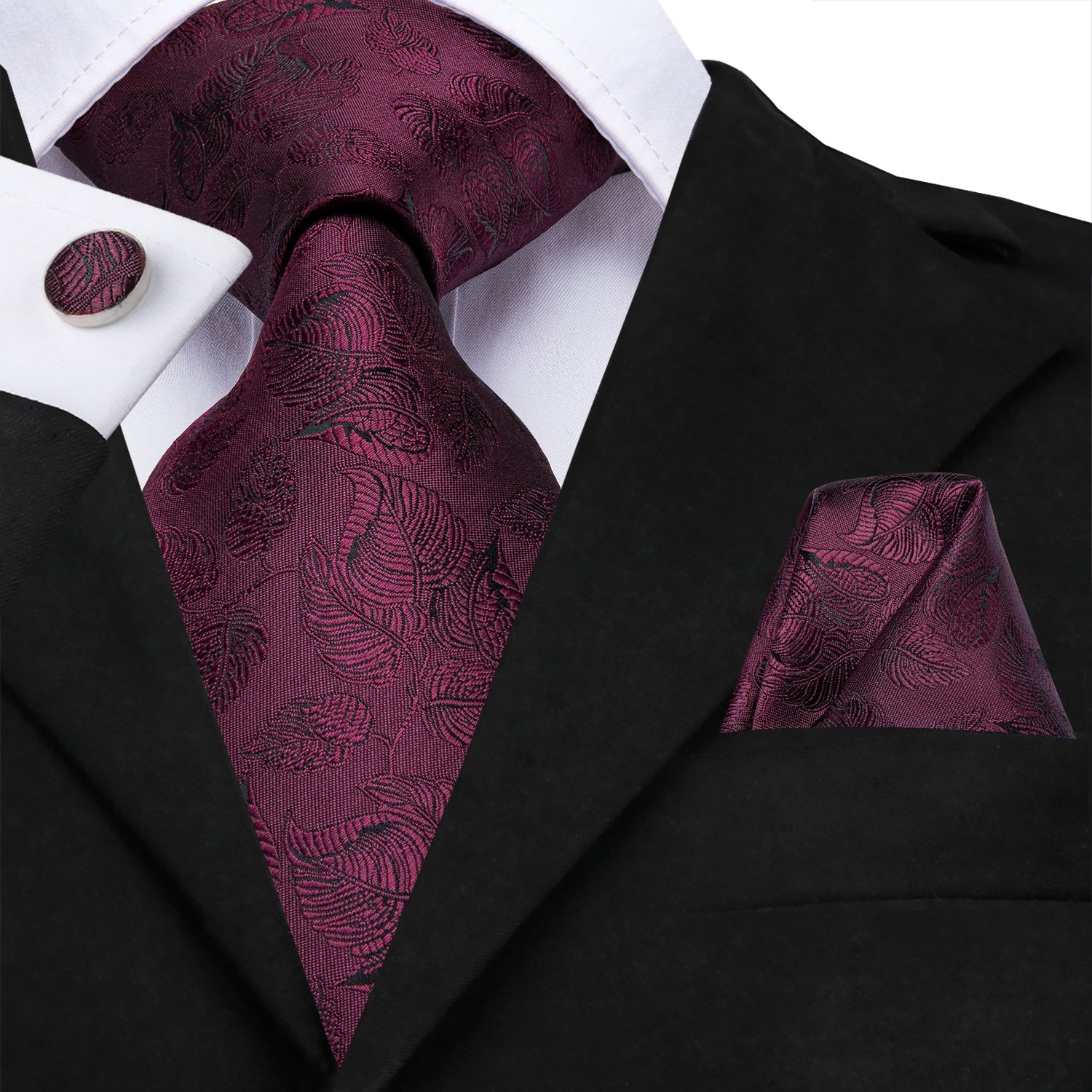 Solid Midnight Ruby Leaves Silk Tie