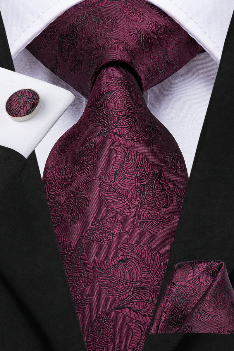 Solid Midnight Ruby Leaves Silk Tie