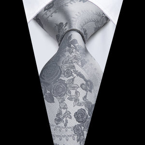 Solid Silver Rose Blossoms Silk Tie