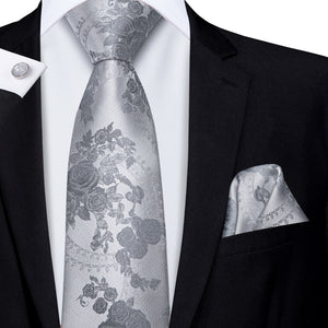 Solid Silver Rose Blossoms Silk Tie