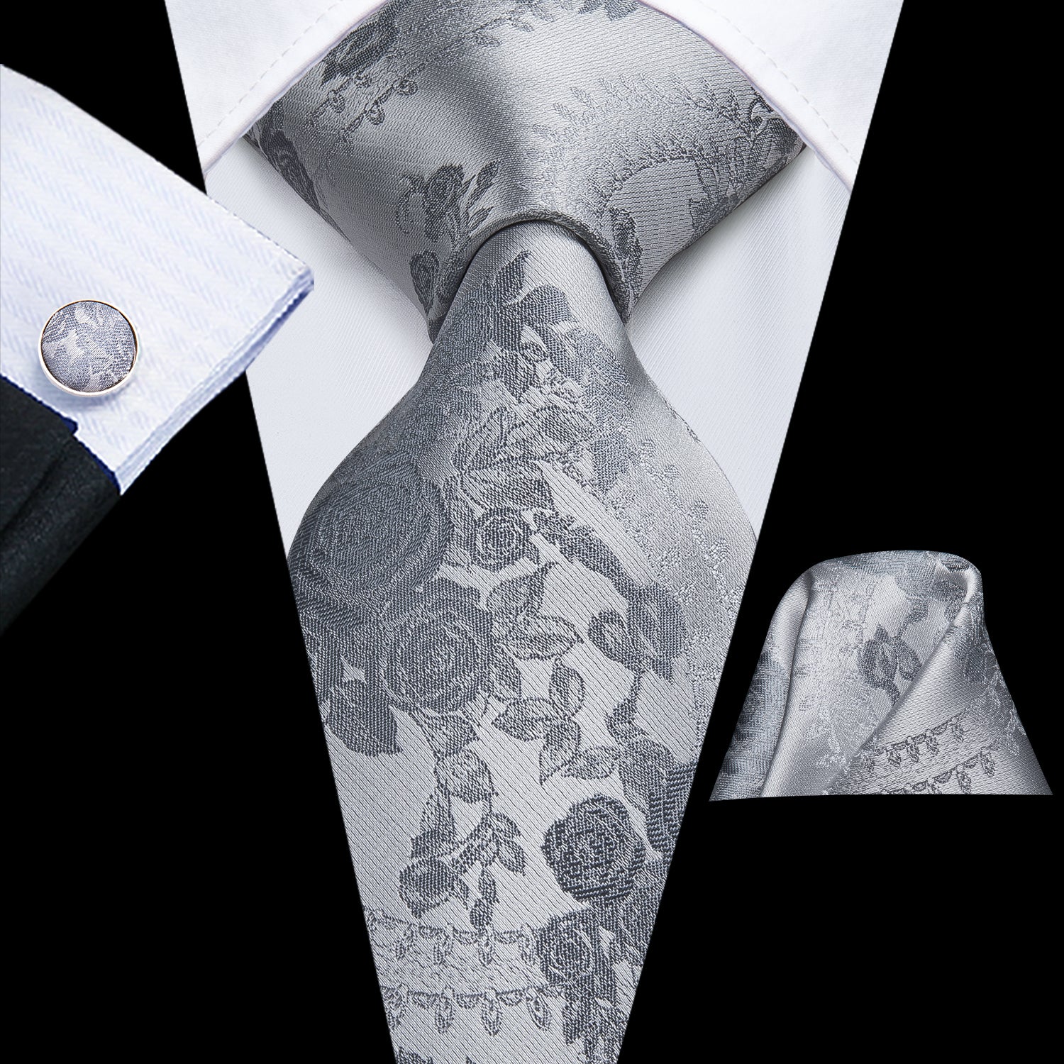 Solid Silver Rose Blossoms Silk Tie