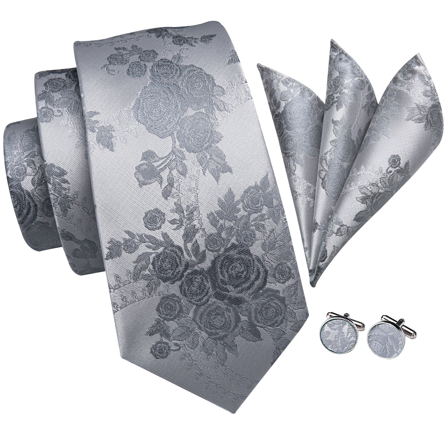 Solid Silver Rose Blossoms Silk Tie