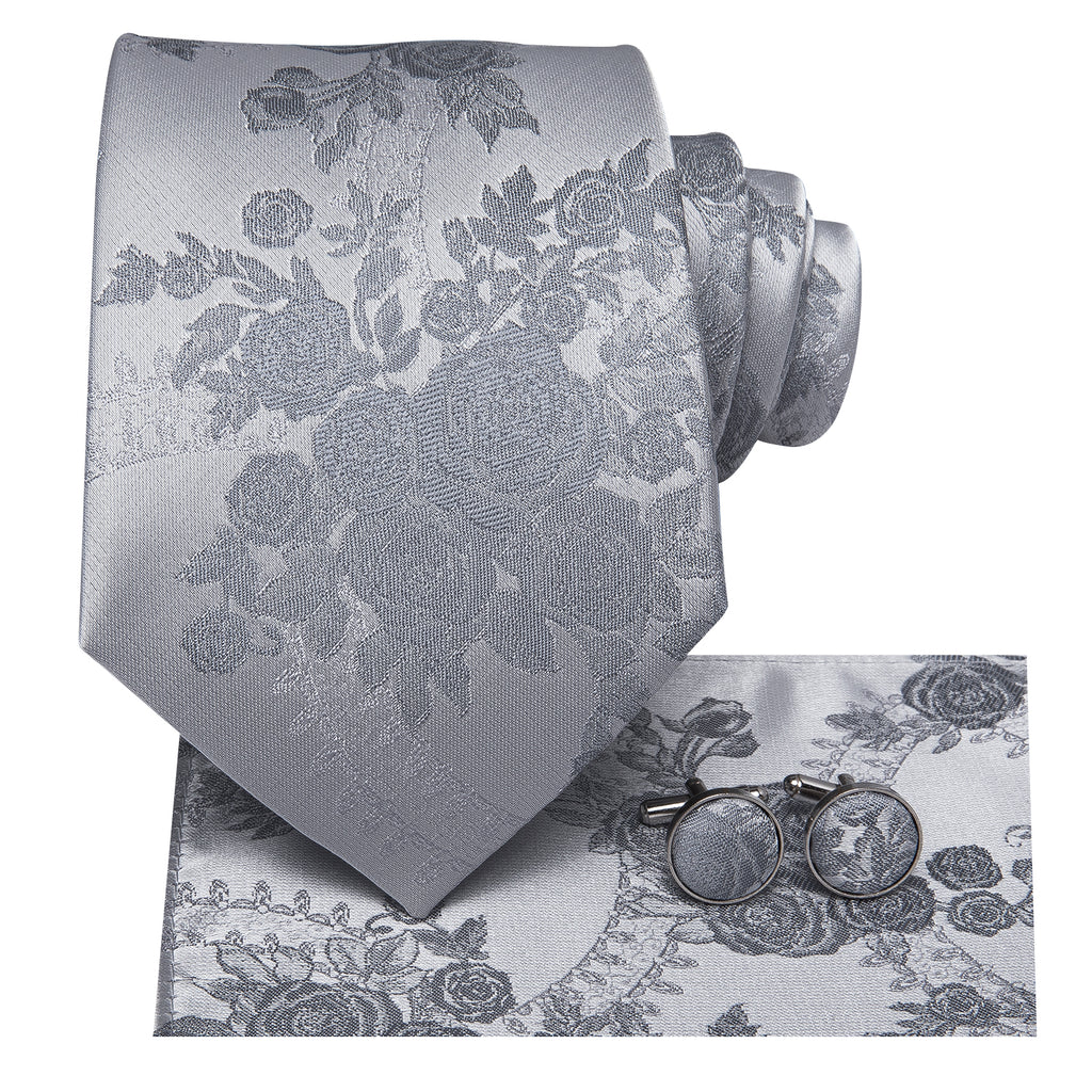 Solid Silver Rose Blossoms Silk Tie