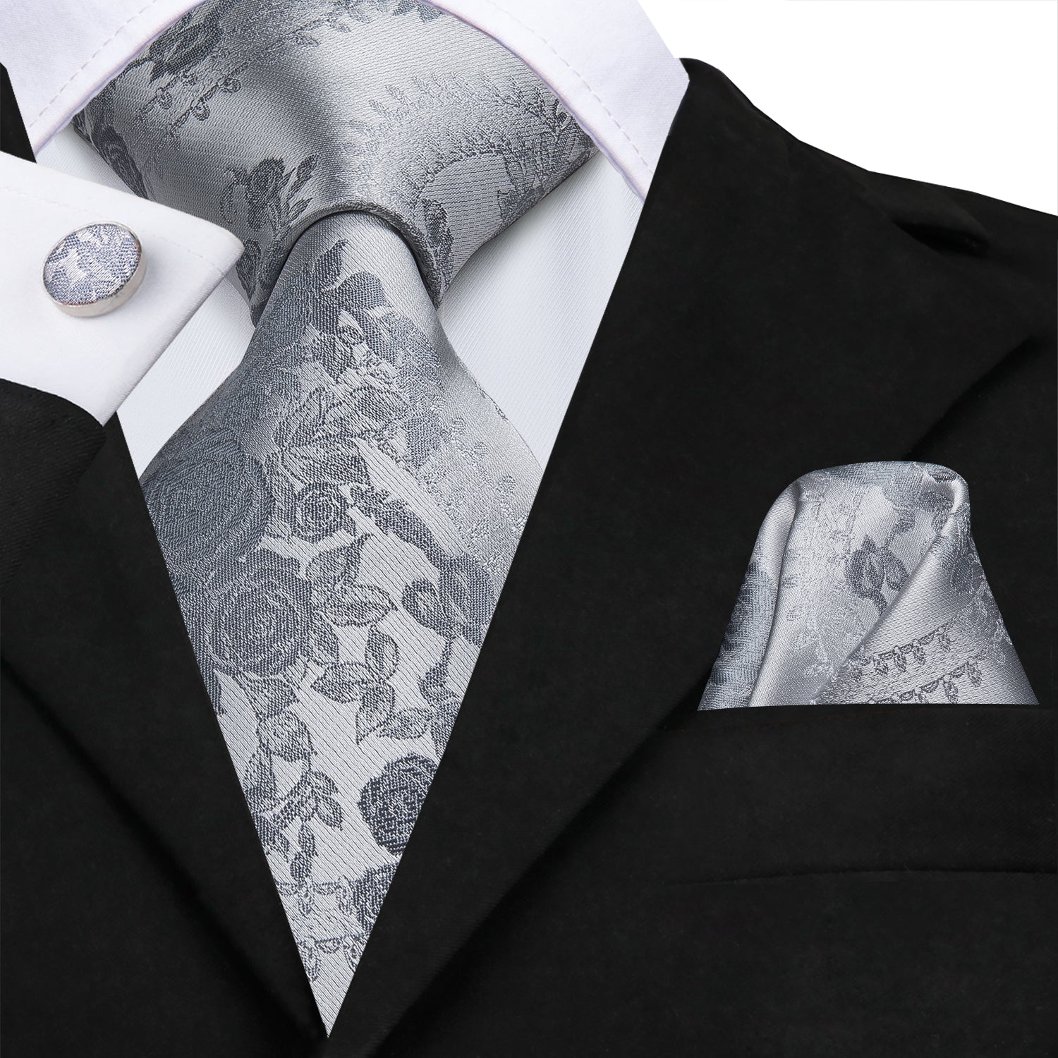 Solid Silver Rose Blossoms Silk Tie