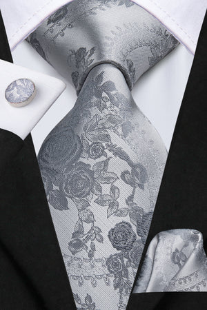 Solid Silver Rose Blossoms Silk Tie