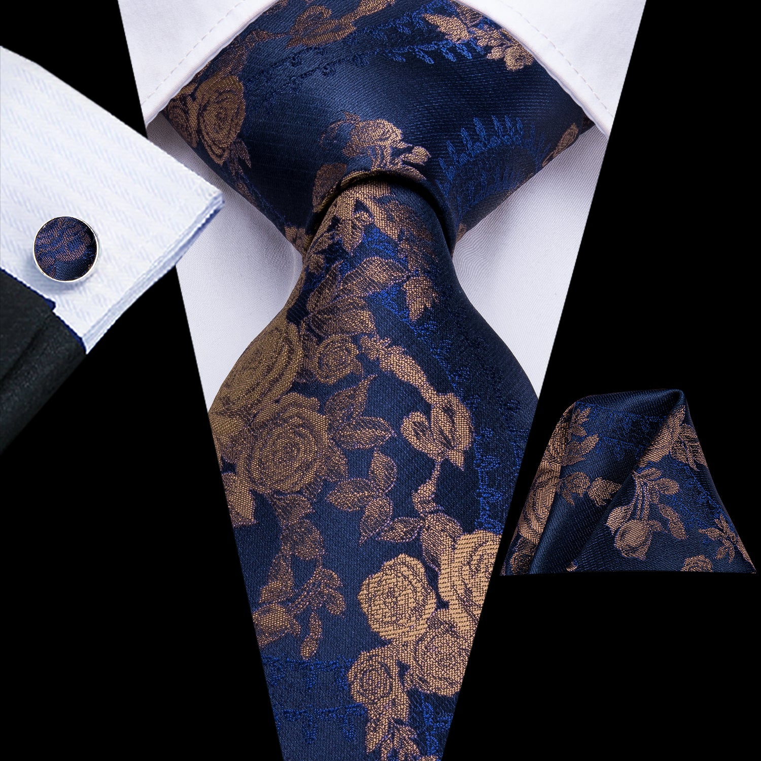 Midnight Sapphire Bronze Blossoms Silk Tie