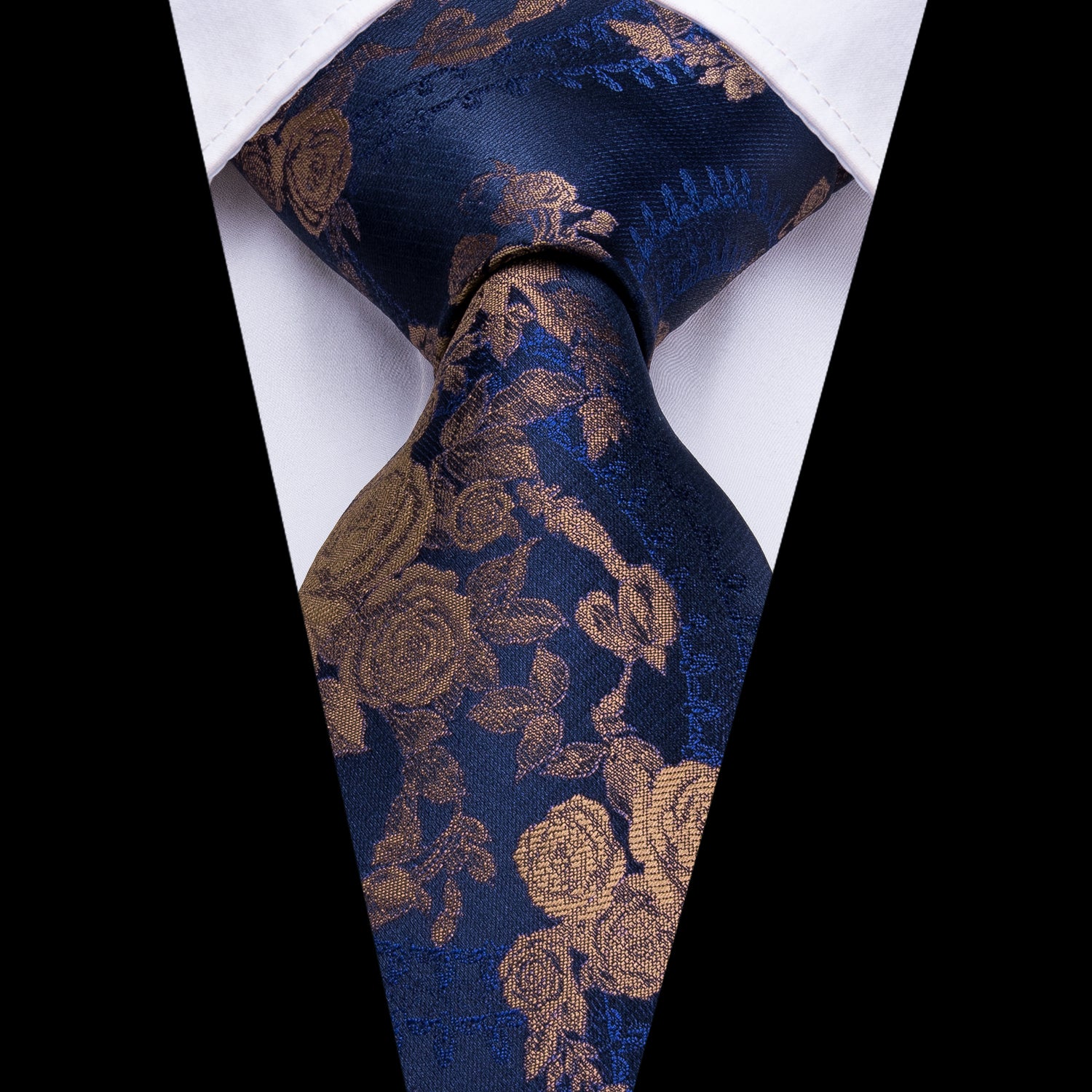 Midnight Sapphire Bronze Blossoms Silk Tie