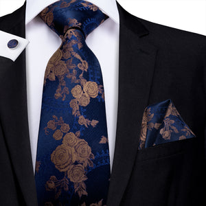 Midnight Sapphire Bronze Blossoms Silk Tie