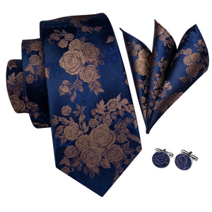 Midnight Sapphire Bronze Blossoms Silk Tie