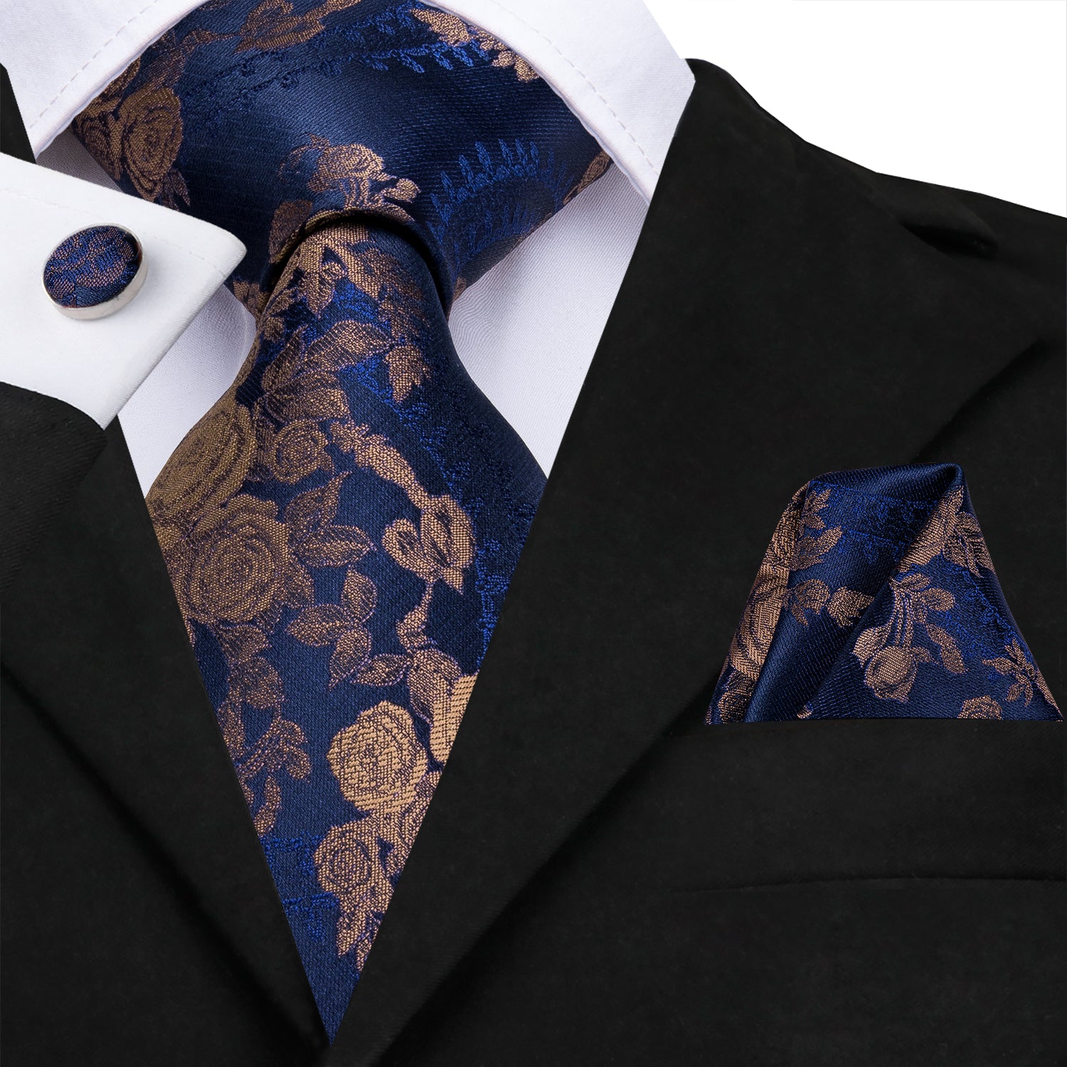 Midnight Sapphire Bronze Blossoms Silk Tie