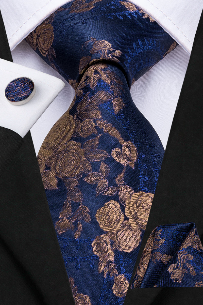 Midnight Sapphire Bronze Blossoms Silk Tie