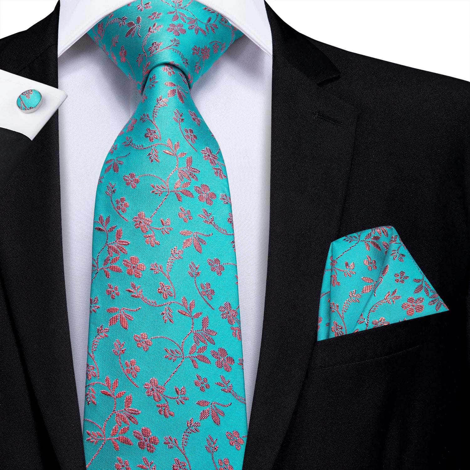 Turquoise Coral Blossoms Silk Tie