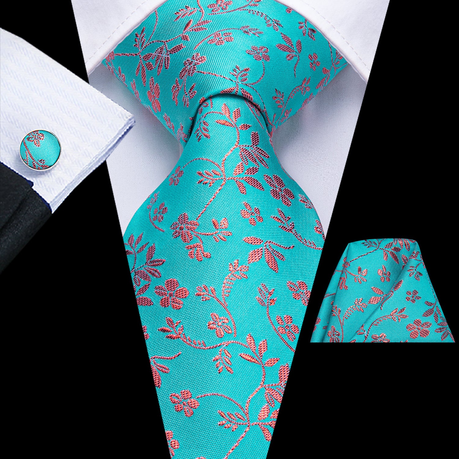 Turquoise Coral Blossoms Silk Tie