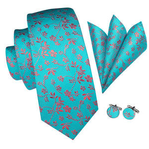 Turquoise Coral Blossoms Silk Tie