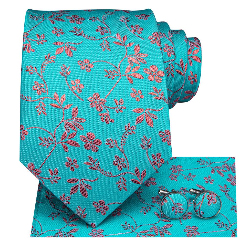 Turquoise Coral Blossoms Silk Tie