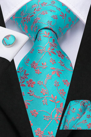 Turquoise Coral Blossoms Silk Tie