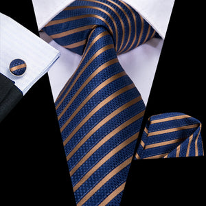 Midnight Sapphire Golden Striped Silk Tie